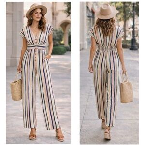 ANGIE Striped Button Front Jumpsuit 100% Rayon Sz S Boho Summer Romper Light